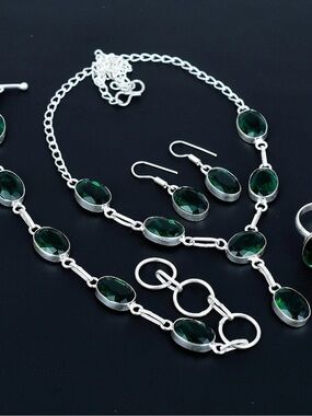 Sterling Silver Green Oval Gemstone Necklace & Earring Set